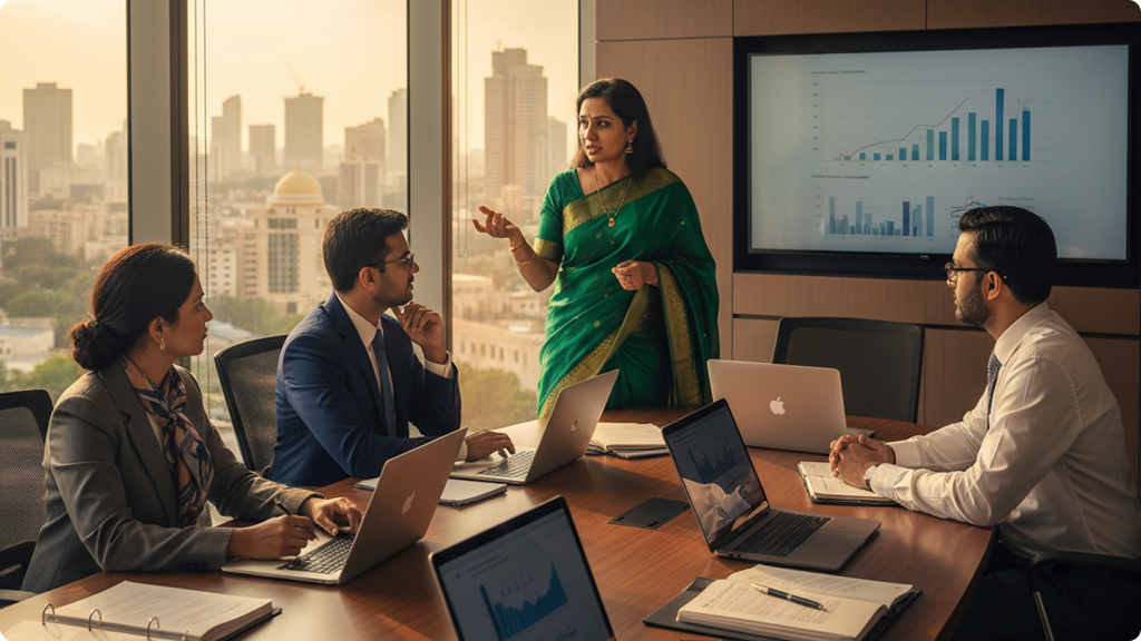 A cross-functional leadership team discusses AI governance and performance data in a boardroom