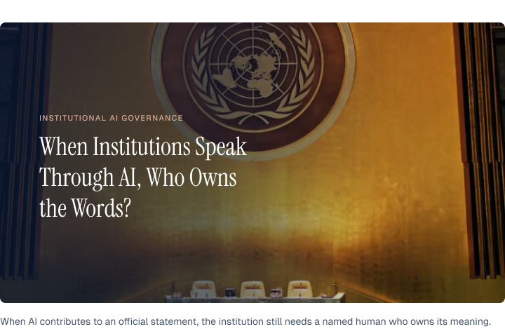 United Nations emblem above empty seats in the General Assembly hall, with the article title about AI and institutional accountability overlaid.
