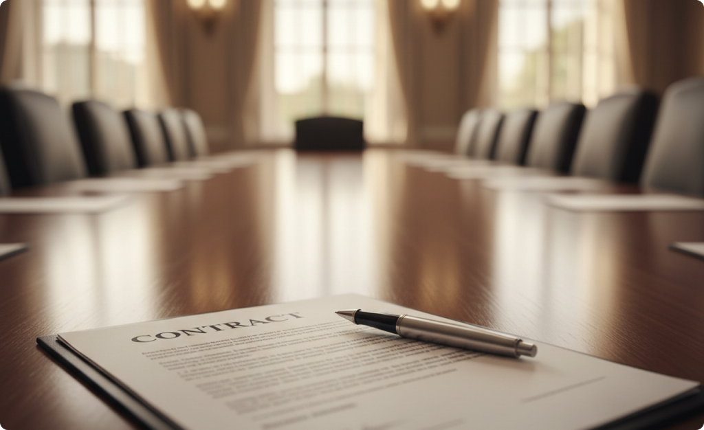 Contract and pen on a boardroom table, representing AI vendor due diligence before signing an agreement.