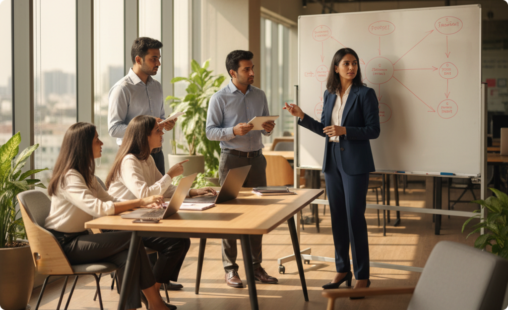 A team maps a new workflow during an organisational readiness workshop before a technology launch