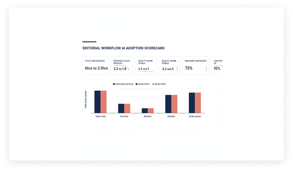 Illustrative editorial workflow AI adoption scorecard showing cycle time reduced from six hours to two and a half hours, revision cycles reduced from 3.2 to 1.8, stable quality scores, manager confidence at 72%, and content output up 15%.