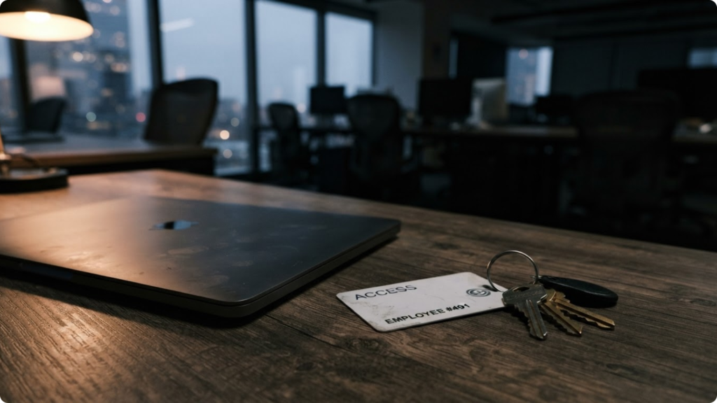 Closed laptop beside an employee access card and keys on an empty office desk